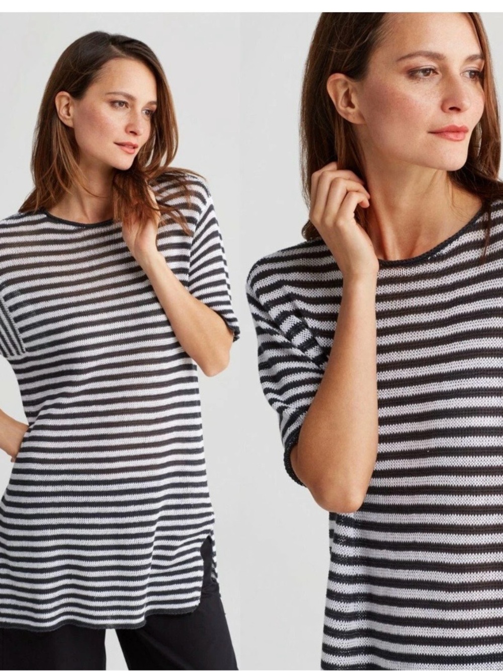 Eileen Fisher Black and White Striped Knit Tunic 100 % Organic Linen